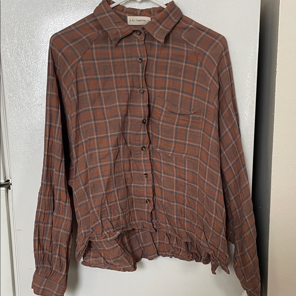 By Together Large‎ Brown Collar Plaid Button-Up Shirt Pocket